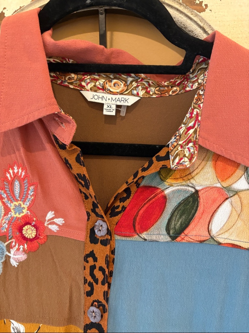 John Mark Multicolor Patchwork Button Down Shirt - Rust, Blue, Mustard, Brown - Picture 2 of 9